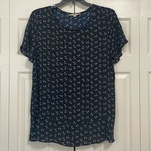 EUC LOFT blouse. Large. Semi Sheer. Navy blue. Criss cross drape pattern on back